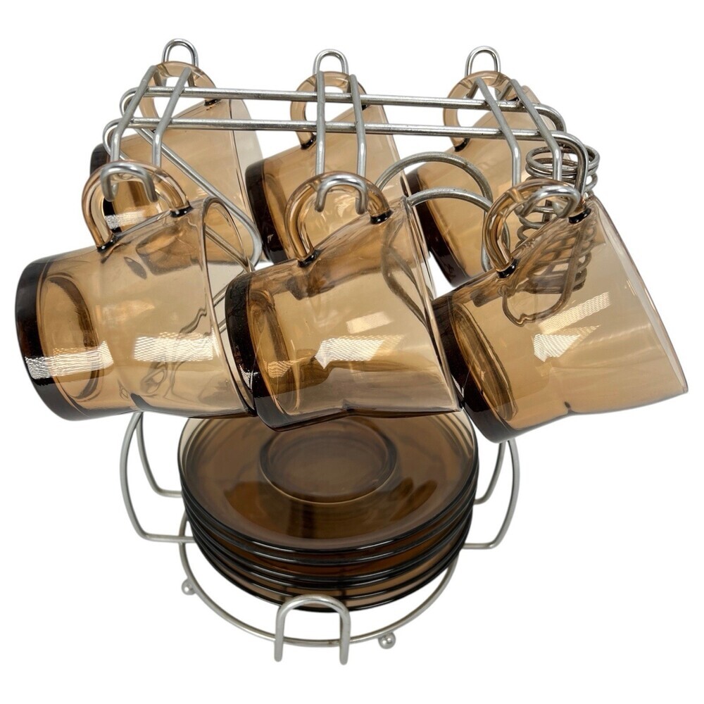 Duralex Amber Brown Glass Espresso Coffee Cup & Saucer 12 Pc Set + Display Stand - Picture 4 of 16